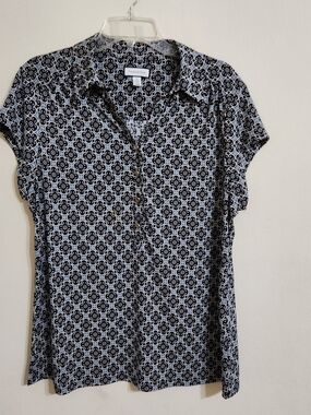 Charter Club Black and White Geometric Short-Sleeve Button-Down